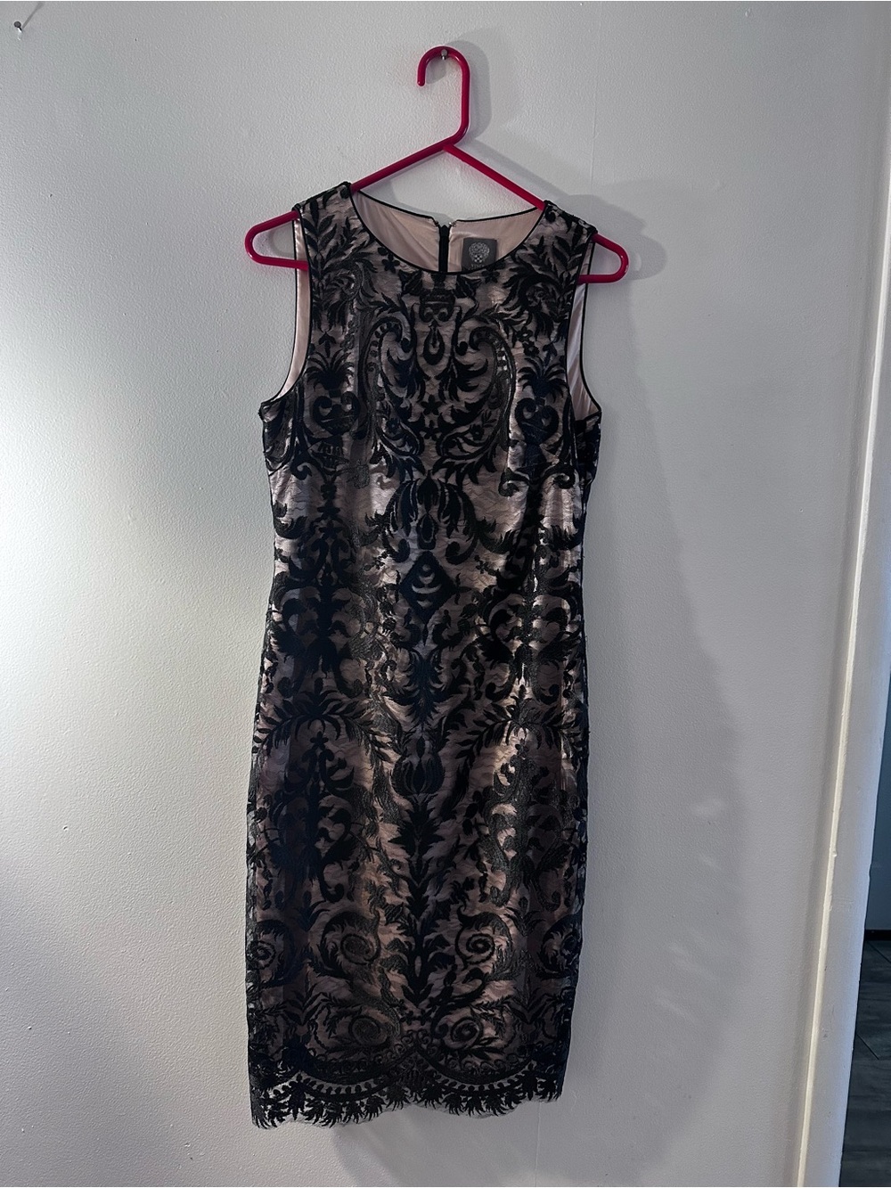 Vince Camuto Black Lace Overlay Midi Dress on Nude